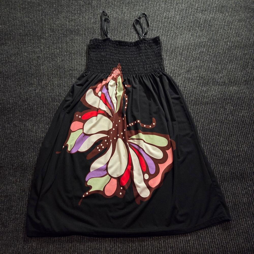 Y2k Butterfly Black Smocked Mini Boho Dress Adjustable Straps Small Medium